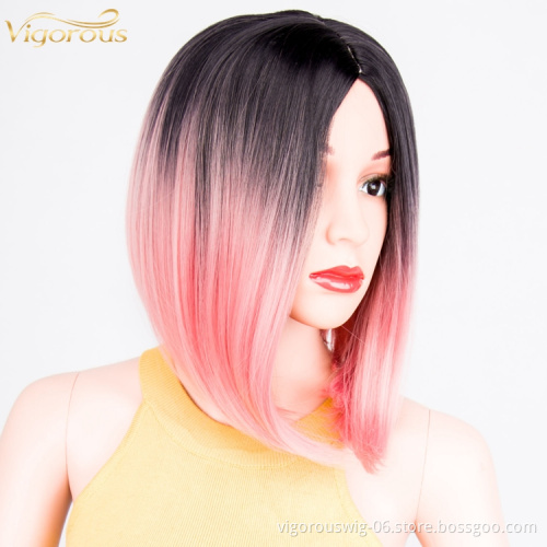 Ombre pink short straight wavy hair vendor high quality premium wholesale synthetic heat resistant wig lace front black women